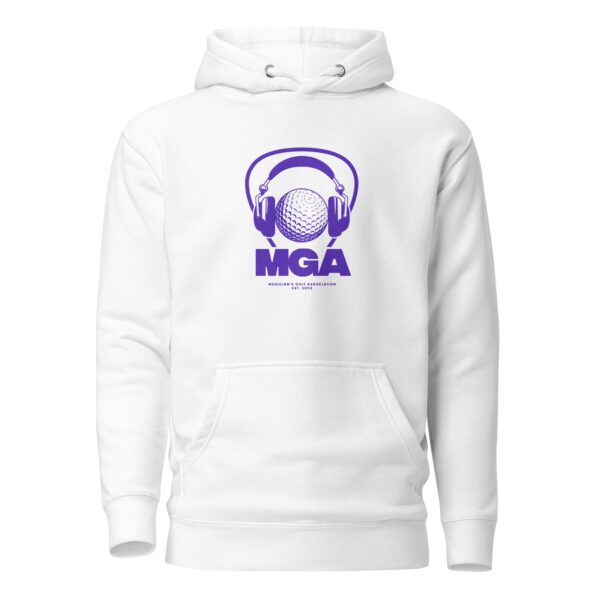 White mga hoodie with purple logo